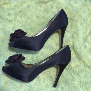 Brown satin pumps,